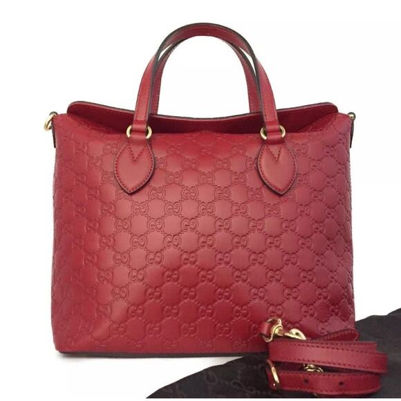 GUCCI Ssima GG Logo Leather Hand Bag w/Shoulder Strap Red - Picture 1 of 8